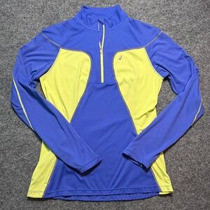 ASICS Womens Long Sleeve Quarter Zip Running Shirt Blue Neon Yellow Large